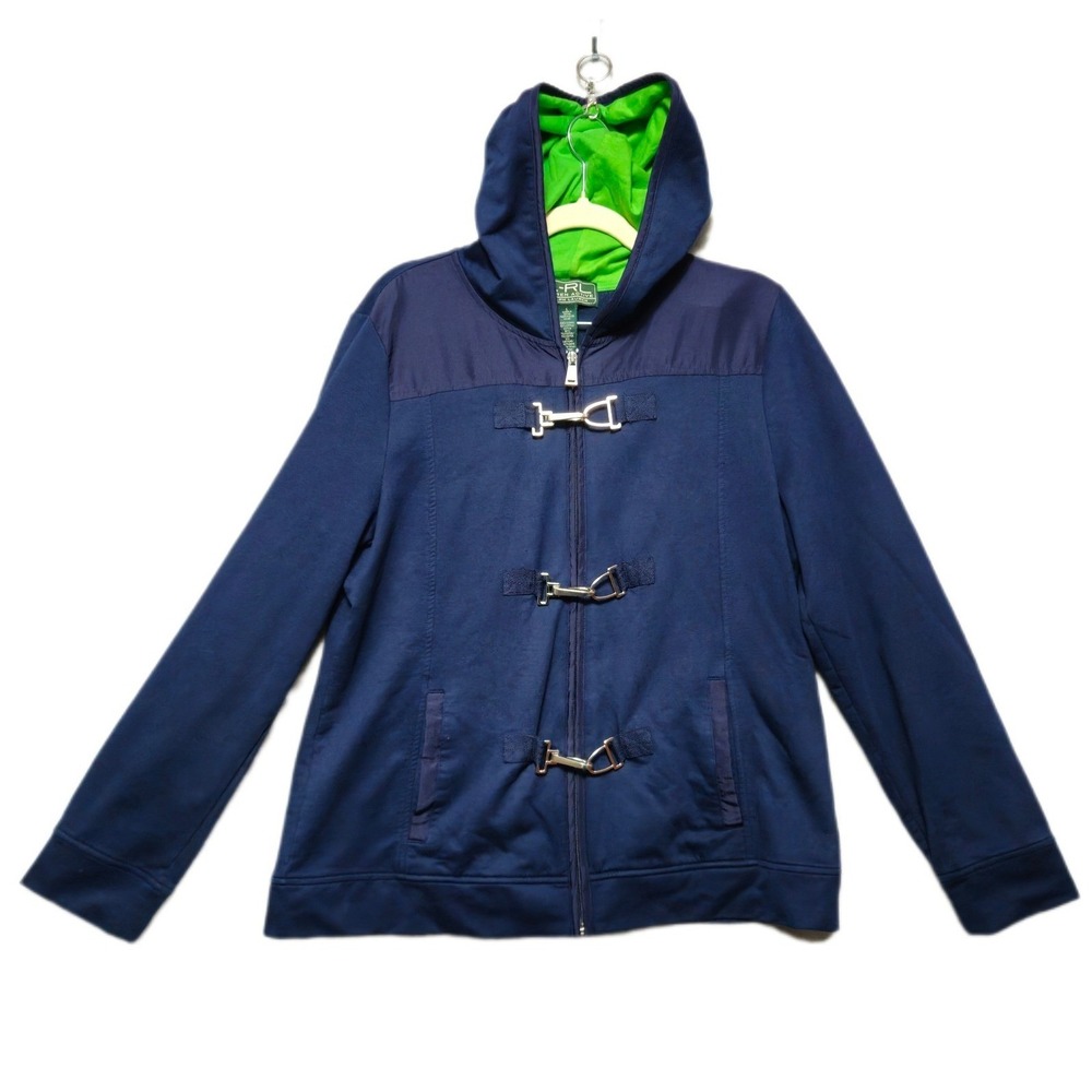 Lauren Ralph Lauren Active Blue‎ Womens Large Hooded Jacket Front Clips Clasps